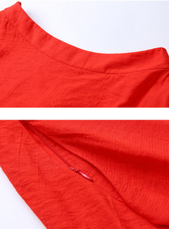 O-neck Half Sleeve White Blouse & Asymmetry Elegant Red Skirt