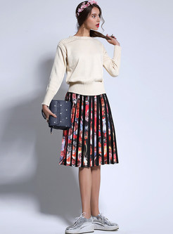 Vintage Floral Print Pleated Skirt