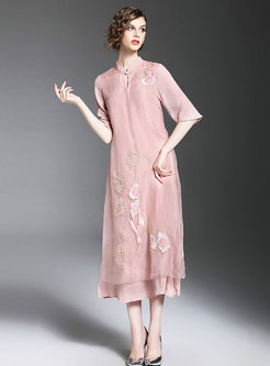 Vintage Stand Collar Embroidery Shift Dress 