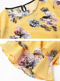 Floral Print Silk Lotus Leaf Sleeve Yellow Blouse