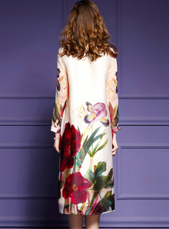 Floral Print Silk Long Sleeve Shift Dress
