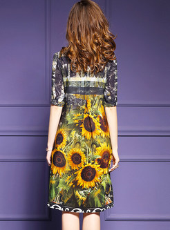 Stand Collar Loose Sunflower Design Half Sleeve Shift Dress