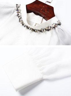 Nail Bead Stand Collar Long Sleeve White Blouse