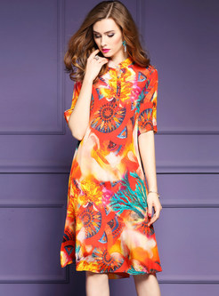 Ethnic Floral Free Printing Silk Short Sleeve Shift Dress