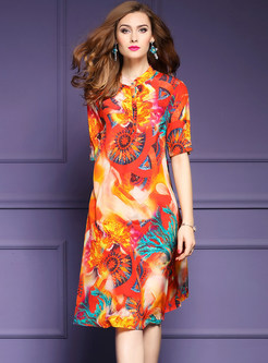 Ethnic Floral Free Printing Silk Short Sleeve Shift Dress