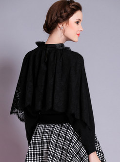 Bowknot Lace Stitching Batwing Sleeve Sweater