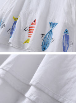 Long Fish Print Lapel Pullover Blouse