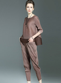 Wrinkle Three Quarters Sleeve Two-piece Outfits