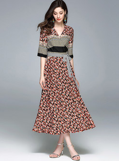 Chiffon Floral Print Slim V-neck Half Sleeve Maxi Dress