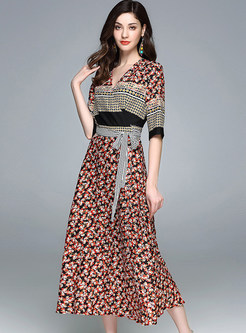 Chiffon Floral Print Slim V-neck Half Sleeve Maxi Dress