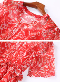Silk Falbala Floral Print Slim Short Sleeve Skater Dress