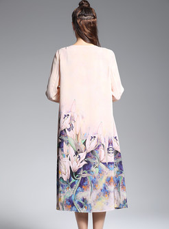 Loose Floral Print Silk Long Sleeve Shift Dress