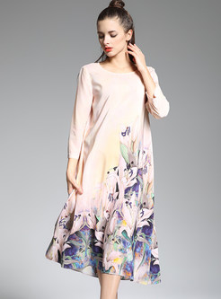 Loose Floral Print Silk Long Sleeve Shift Dress