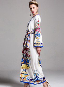 Ethnic Floral Print Nail Bead Bowknot Belt Maxi Dress