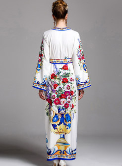 Ethnic Floral Print Nail Bead Bowknot Belt Maxi Dress