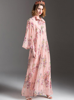 Wrinkle Bowknot Floral Print Long Sleeve Maxi Dress