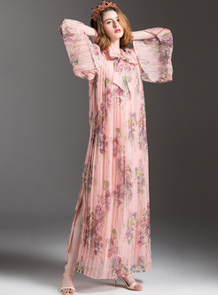 Wrinkle Bowknot Floral Print Long Sleeve Maxi Dress