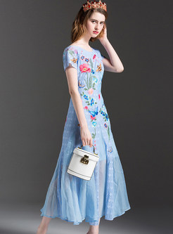 Lace Embroidered Slim Short Sleeve Blue Maxi Dress