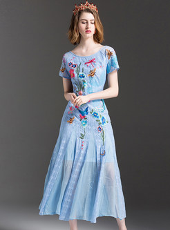 Lace Embroidered Slim Short Sleeve Blue Maxi Dress