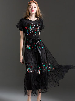 Sequin Mesh Embroidered Puff Sleeve Black Maxi Dress