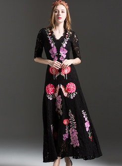 Lace Flowers Embroidered Half Sleeve Maxi Dress