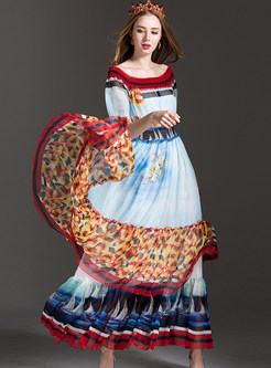 Romantic Floral Print Gathered Waist Maxi Dress