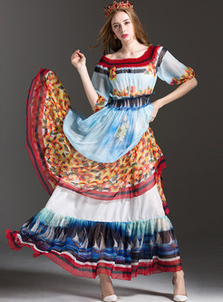 Romantic Floral Print Gathered Waist Maxi Dress