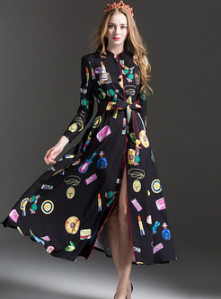 Floral Print Bowknot Belt Sequin Embroidered Stand Collar Maxi Dress