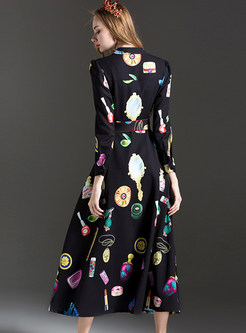 Floral Print Bowknot Belt Sequin Embroidered Stand Collar Maxi Dress