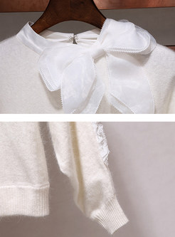 Bowknot Lace Stitching Batwing Sleeve Sweater