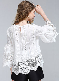 Cute O-neck Embroidered Flare Sleeve Blouses