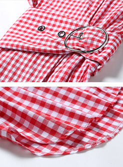Chiffon Grid Print Lapel Asymmetric Shirt Dress