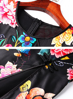 Vintage Floral Print Silk Three Quarters Sleeve Skater Dress