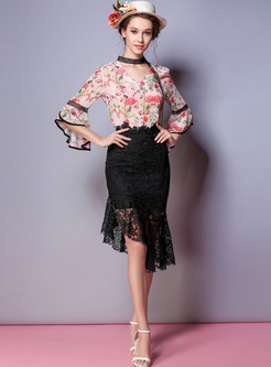Black Lace Hollow High Waist Asymmetric Skirt