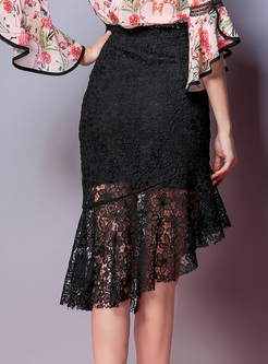 Black Lace Hollow High Waist Asymmetric Skirt