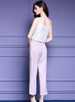 Chic Embroidery Camis & Pink Bowknot-waist Pants
