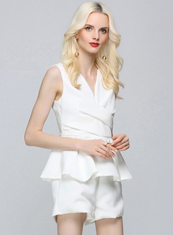 White Brief Flare Sleeve V-neck Rompers
