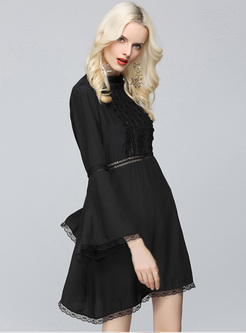 Brief Flare Sleeve Hollow Lace Skater Dress