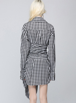 Chiffon Grid Print Lapel Asymmetric Shirt Dress