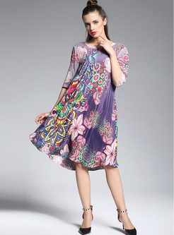 Floral Print Silk O-neck Half Sleeve Shift Dress