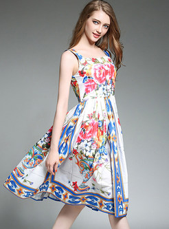 Stylish Floral Print Gathered Waist Sleeveless Skater Dress