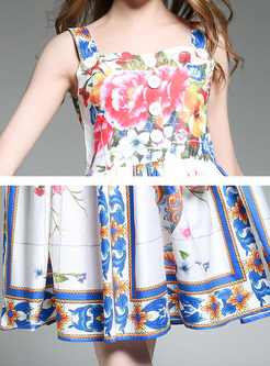 Stylish Floral Print Gathered Waist Sleeveless Skater Dress
