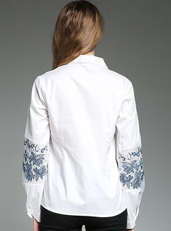 Flower Embroidered Turn Down Collar Lantern Sleeve White Blouse