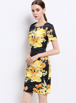 Vintage Slim Floral Print Short Sleeve Bodycon Dress