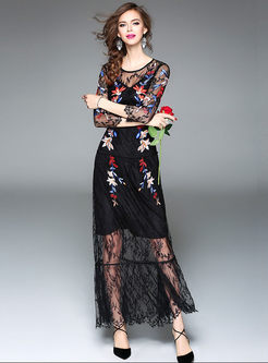 Vintage Embroidered Lace Sheath Maxi Dress