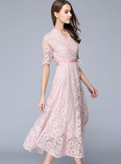 Lace Hollow Out V-neck Short Sleeve Pink Maxi Dress