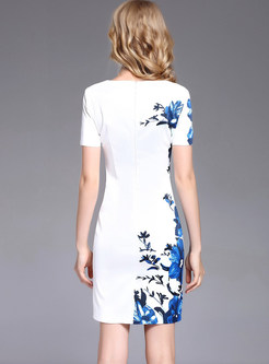 Ethnic Flower Print Short Sleeve Bodycon Dress