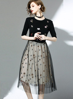 Cartoon Half Sleeve Blouse & Mesh Star Design Skirt