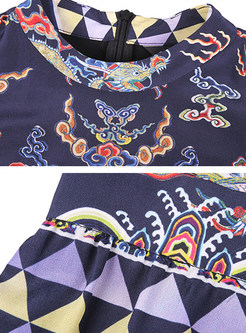 Vintage Silk Floral Print Stand Collar Sleeveless Skater Dress