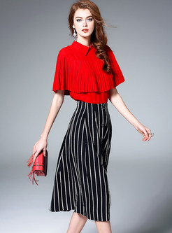 Red Turn Down Collar Blouse & Striped Single-breasted Skirt
